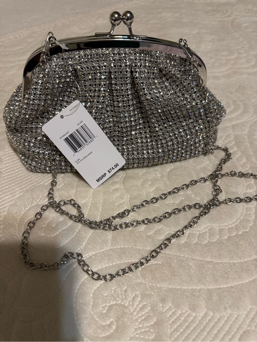 Jessica McClintock Silver Rhinestone Evening Clutch with Chain
